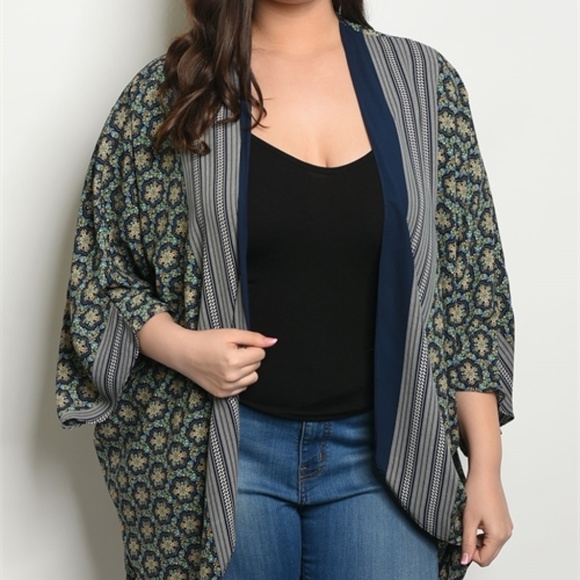 Harper Navy Green Plus Size Kimono - Picture 1 of 2